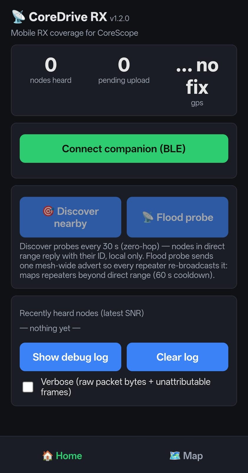 Het connect-scherm van CoreDrive RX